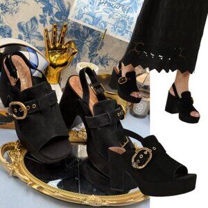 🆕 KURT GEIGER LONDON 🧿 NWOB Mayfair Platform Sling Mules, Black Suede - Sz 7.5